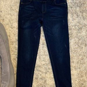 Chic soul jeggings in dark wash with slightly distressed spots. NWOT